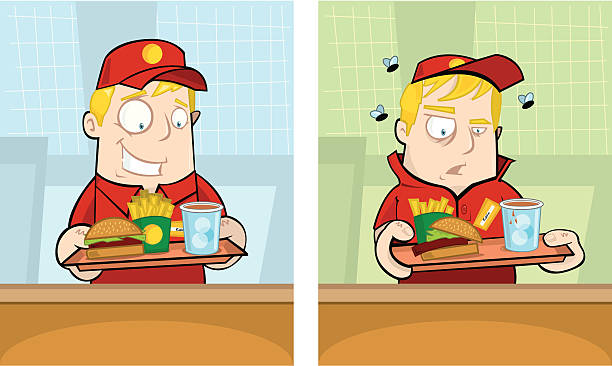 Good, bad & the burger This is a vector illustration of a good and bad employee of your favourite fast food outlet. The first chap looks so keen, but as for the second guy... oh dear! brat burger stock illustrations