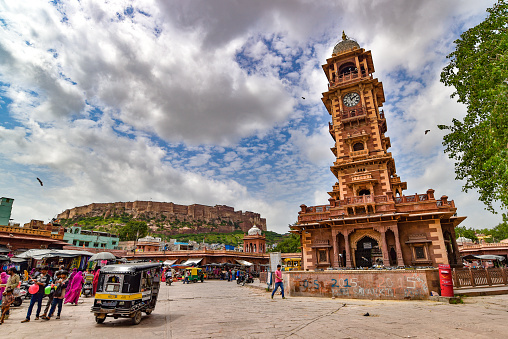 Clock Market with Mehrangarh Fort in Jodhpur, India