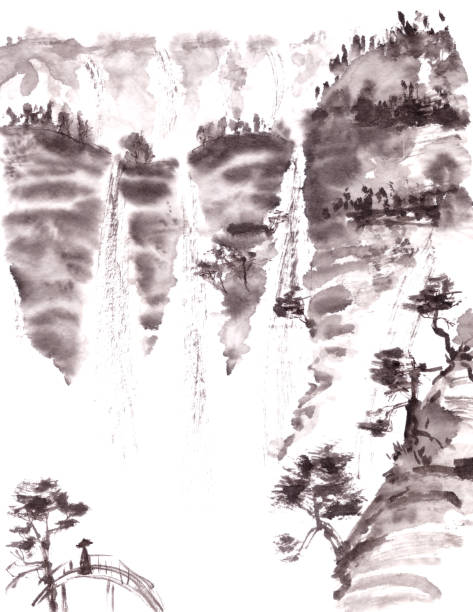 istock Mountain landscape with waterfall and pine trees in chinese style ink drawing 1349552445