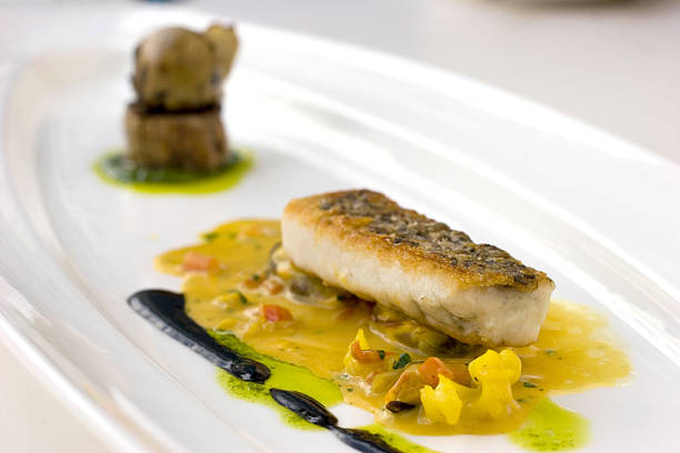 Pan seared cod, molecular cuisine stock photo