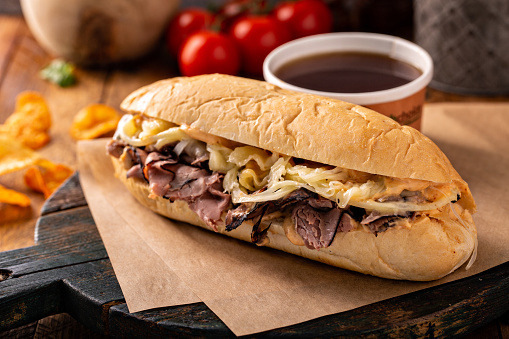 Italian beef sandwich au jus with dipping sauce