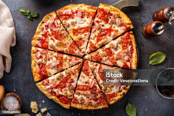 Meat Lover Pizza With Pepperoni Ham And Sausage Stock Photo - Download Image Now - Couple - Relationship, Meat, Pizza