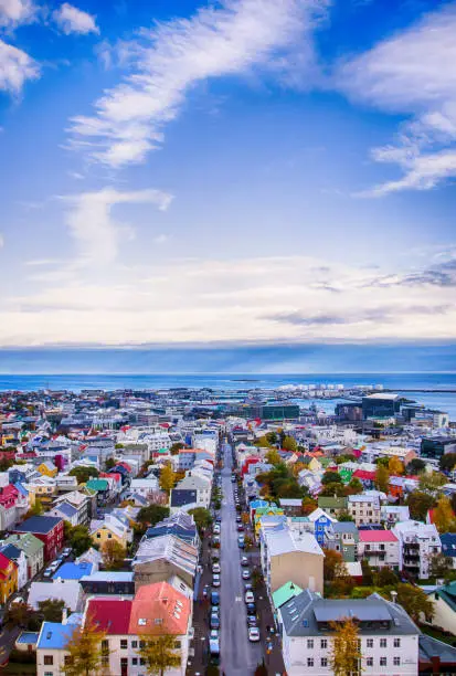 Photo of Aerial view from famous Hallgrimskirkja church, capital city Reykjavik, Iceland