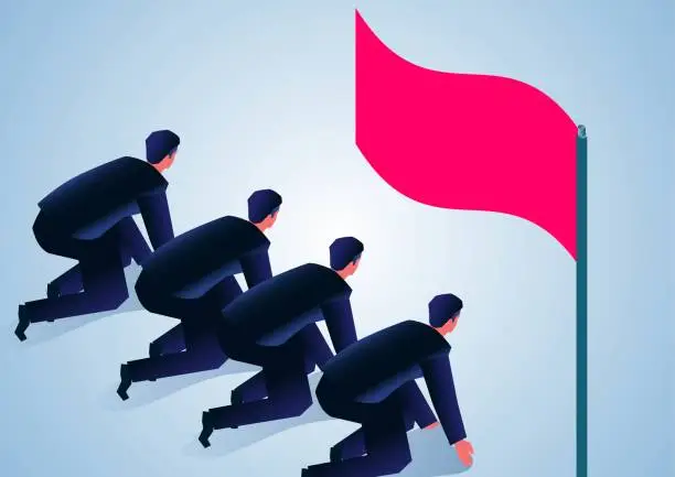 Vector illustration of A group of businessmen prepare to race or sprint to the finish line before the starting line, business competition or competition between employees or colleagues