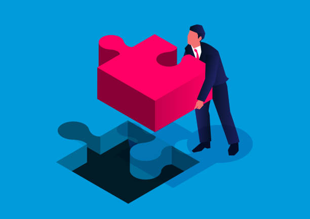 ilustrações de stock, clip art, desenhos animados e ícones de isometric businessmen install the last piece of the team puzzle - incomplete puzzle jigsaw puzzle part of