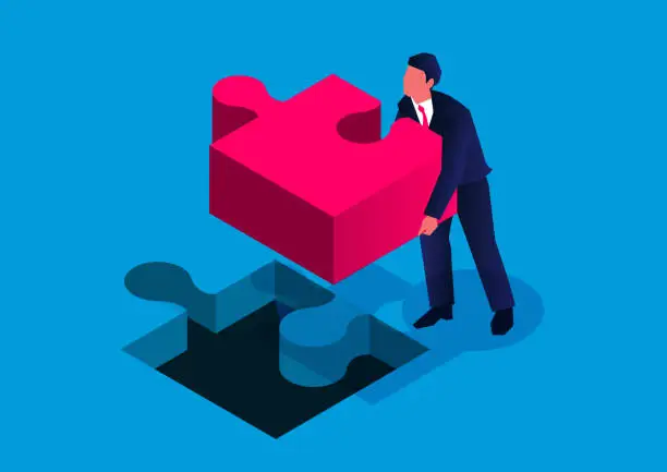 Vector illustration of Isometric businessmen install the last piece of the team puzzle