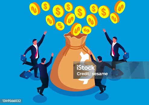 istock The business team cheered that the gold coins all flew into the money bag, the business team that succeeded in making money. 1349566032