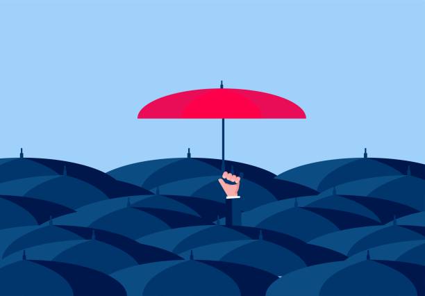 illustrazioni stock, clip art, cartoni animati e icone di tendenza di concetto di assicurazione e agenzia, un gruppo di ombrelli blu che tengono un ombrello rosso in una mano. - standing out from the crowd individuality umbrella contrasts