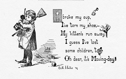 One girl with cleaning items and toys on  moving day. A poem. Illustration published 1899. Source: Original edition is from my own archives. Copyright has expired and is in Public Domain.