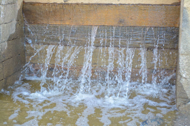 istock Water leaking through a wood plank dam 1349576804