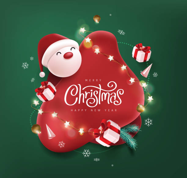 frohe weihnachten und weihnachtsgeschenk banner mit süßem weihnachtsmann und festlicher dekoration - christmas stock-grafiken, -clipart, -cartoons und -symbole