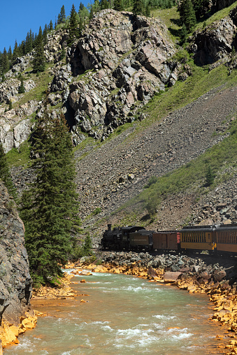 Durango to Silverton, Colorado, USA - AUGUST 26, 2019: Trip from Durango city to Silverton by historic steam engine train through the San Juan forest and mountains in Colorado