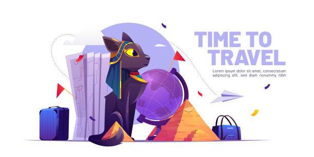 ilustraciones, imágenes clip art, dibujos animados e iconos de stock de tiempo para viajar banner de dibujos animados con gato egipcio. - adventure history map backgrounds