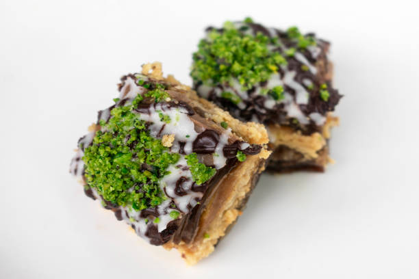Fresh homemade Pistachio and Chocolate Baklava middle eastern sweet dessert pastry cakes in Istanbul Turkey