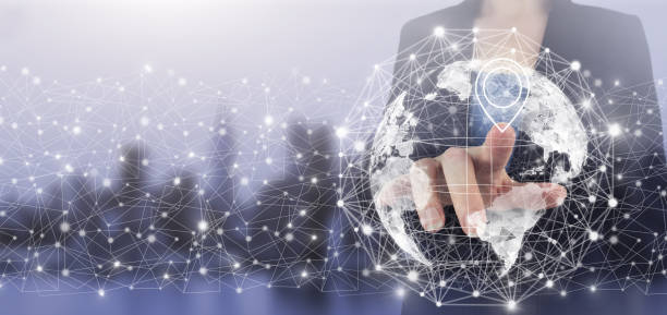 istock Global connection concept. Hand touch digital screen hologram world, earth, map, globe sign on city light blurred background. Rule the world, world domination concepts 1349589073