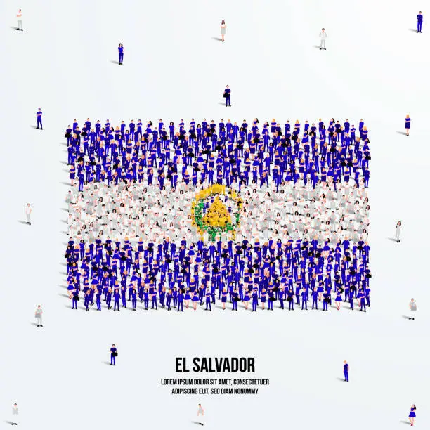 Vector illustration of El Salvador Flag. A large group of people form to create the shape of the El Salvador flag. Vector Illustration.