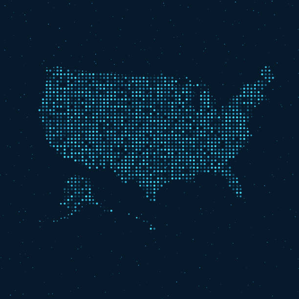 Abstract Dotted Halftone with starry effect in dark Blue background with map of United States of America. USA Digital dotted technology design sphere and structure. vector illustration Abstract Dotted Halftone with starry effect in dark Blue background with map of United States of America. USA Digital dotted technology design sphere and structure. vector illustration united states stock illustrations