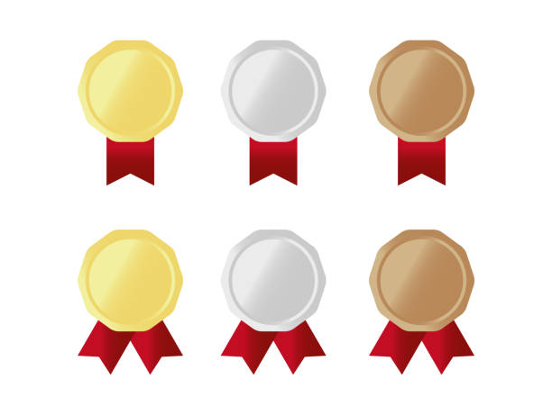 istock Gold, silver and bronze medal set with red ribbon 1349592716