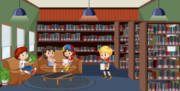 interiér školní knihovny s dětskou skupinou - knihovna stock ilustrace