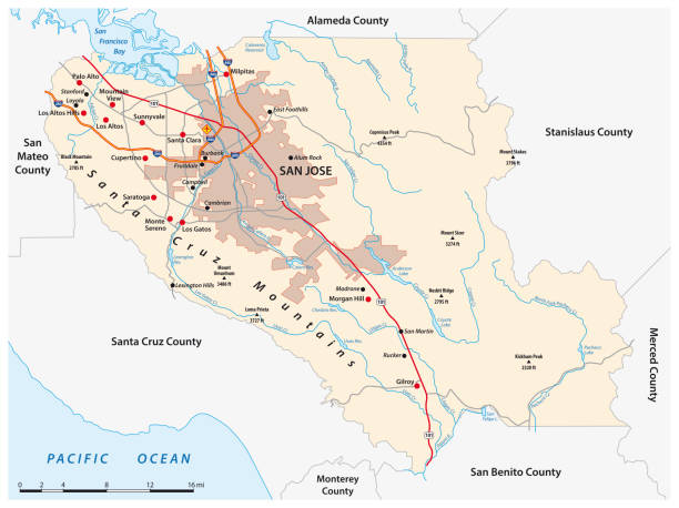 ilustrações de stock, clip art, desenhos animados e ícones de vector road map of california santa clara county, united states - merced county
