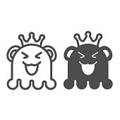 istock Ghost princess in crown and monster with funny smile line and solid icon, fun concept, animal vector sign on white background, outline style icon for mobile concept and web design. Vector graphics. 1349595753