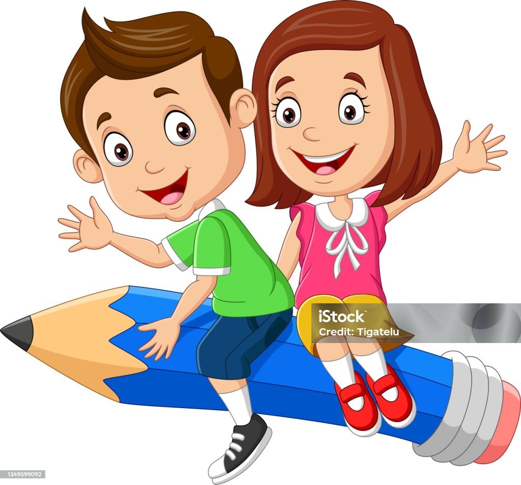 Stock ilustrace Kreslený Malý Chlapec A Dívka Létající Na Tužce – stáhnout  obrázek nyní - Dívka - Žena, Chlapec - Muž, Psaní - Pohyb - iStock