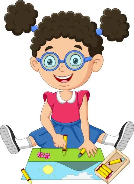 Vector illustration of Little girl painting and coloring on a canvas