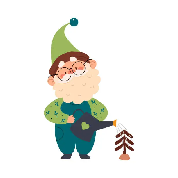 Vector illustration of Cute Gnome Character with Beard in Pointy Hat Watering Tree Vector Illustration
