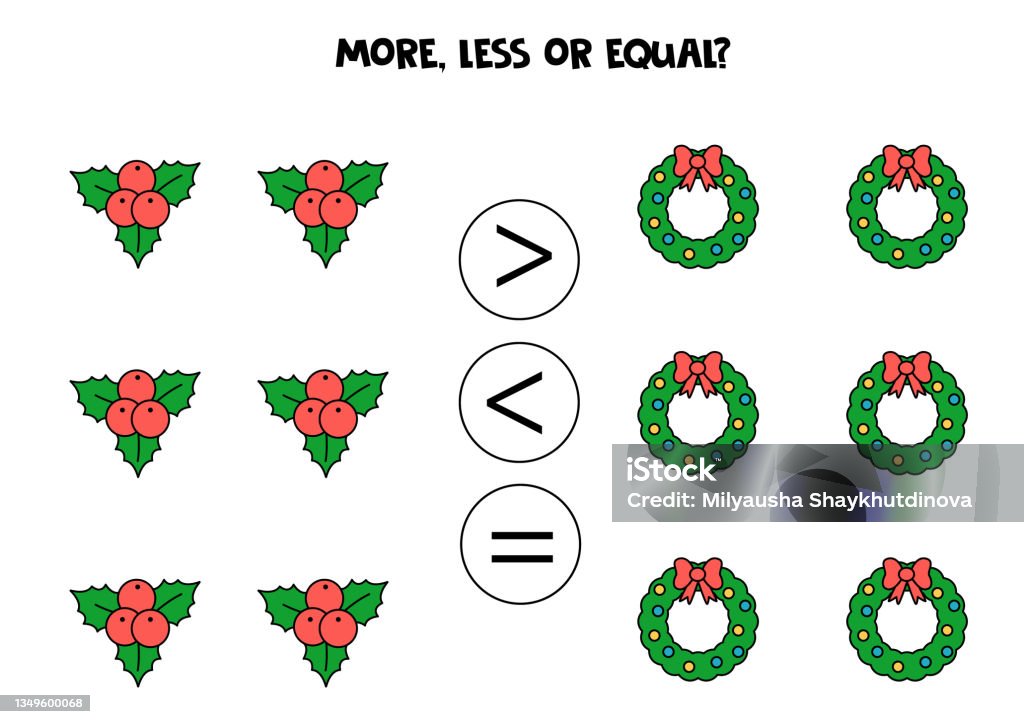 Lessen Equal Math More Less Equal With Christmas Holly And Wreath Math Comparison Stock ...