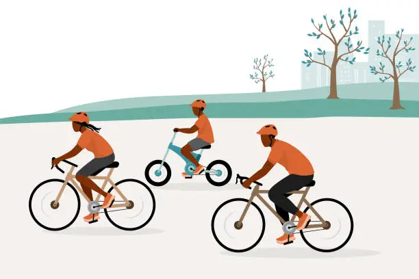 Vector illustration of Black Family Riding Bicycle In The Park.