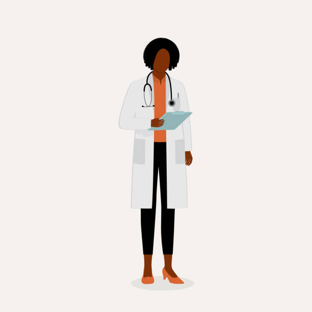 Black Woman Doctor. Healthcare Occupation. Black Woman Doctor With Lab Coat And Stethoscope Checking A Medical Record. Full Length, Isolated On Solid Color Background. Vector, Illustration, Flat Design, Character. cartoon of medical records stock illustrations