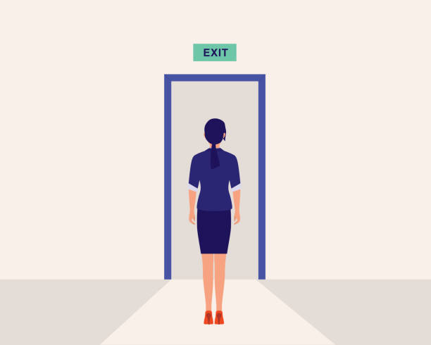 stockillustraties, clipart, cartoons en iconen met woman at the exit door. - bord-uitgang