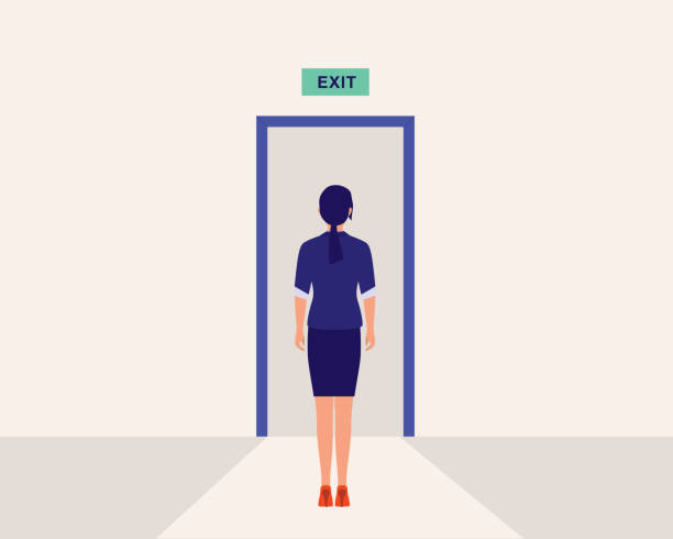 woman at the exit door. - 出口標誌 方向標誌 圖片 幅插畫檔、美工圖案、卡通及圖標