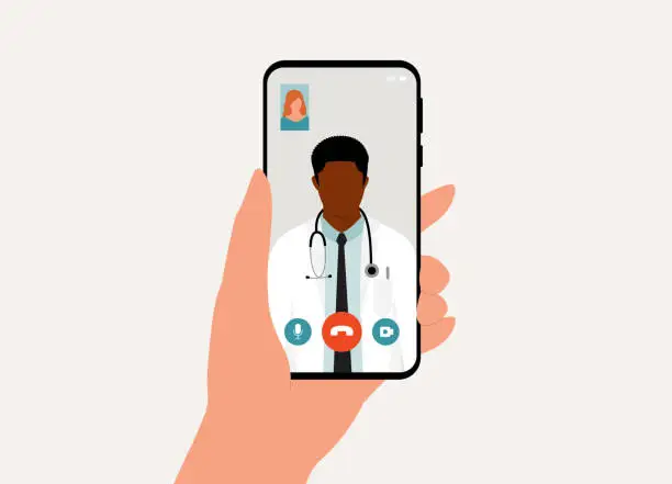 Vector illustration of Patient Having Video Call With Black Male Doctor Using Mobile Phone. Telemedicine. Telehealth.