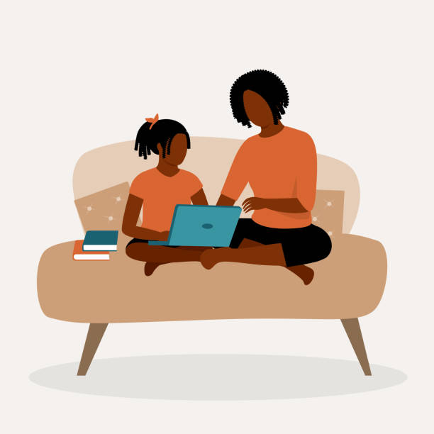 Black Mother Helping Her Daughter With Her Homeschooling Homework. Online School. Remote School Education. Distance Learning. Black Daughter With Laptop Homeschooled By Her Mother. Full Length, Isolated On Solid Color Background. Vector, Illustration, Flat Design, Character. junior high age stock illustrations