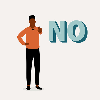 Young Black Man With Stop Hand Gesture Saying No. Full Length, Isolated On Solid Color Background. Vector, Illustration, Flat Design, Character.