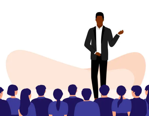 Vector illustration of Black Male Public Speaker With Crowd Of People.
