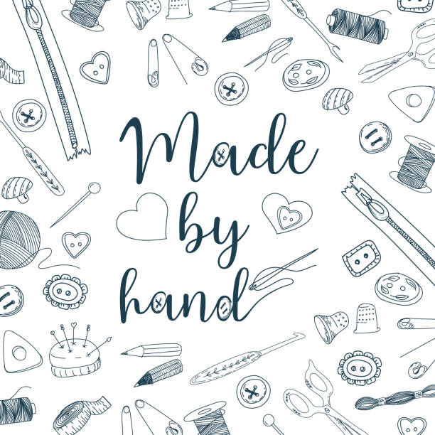 ilustrações de stock, clip art, desenhos animados e ícones de art and craft sewing supplies, tools. hand drawn isolated on white background. handwritten font, lettering - scrapbooking office supply art and craft equipment scissors