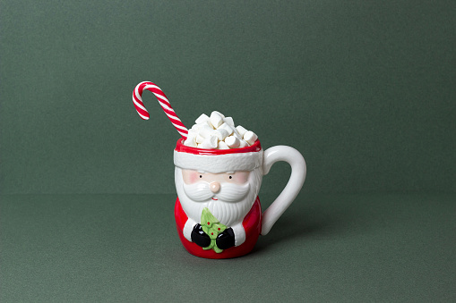 Happy Christmas or New year holiday concept. Funny santa claus cup of cocoa with marshmallows, candy cane on green background. Minimal style Front view.