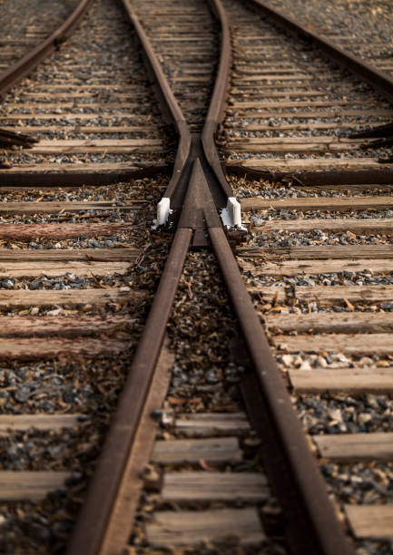istock Closeup of railway track during sunset 1349609171