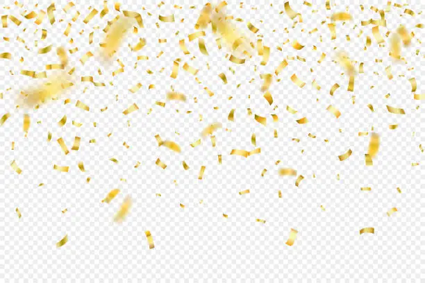 Vector illustration of Falling gold confetti seamless background. Can be used for celebration, Christmas, New Year, Carnival festivity, Valentine’s Day, Holiday, National Holiday, etc.