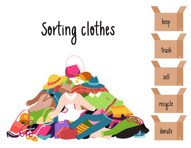 ilustrações de stock, clip art, desenhos animados e ícones de sorting clothes. a pile of clothes lying randomly on the floor. boxes with inscriptions - donate, sell, keep, trash, recycle. color vector illustration of isolated on a white background. - pilha roupa velha