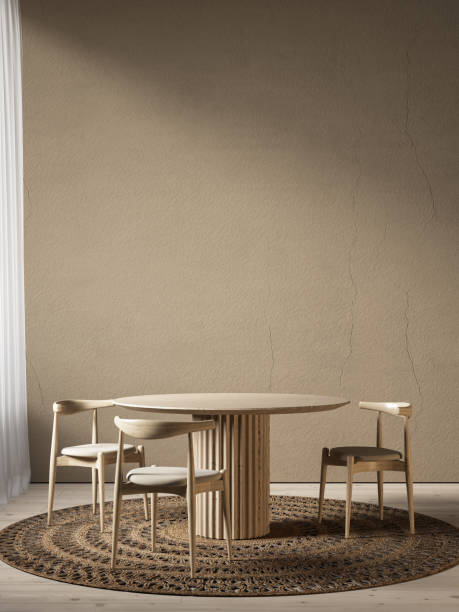 istock Interior with round dinner table and chairs. 3d render illustration mockup. 1349613222