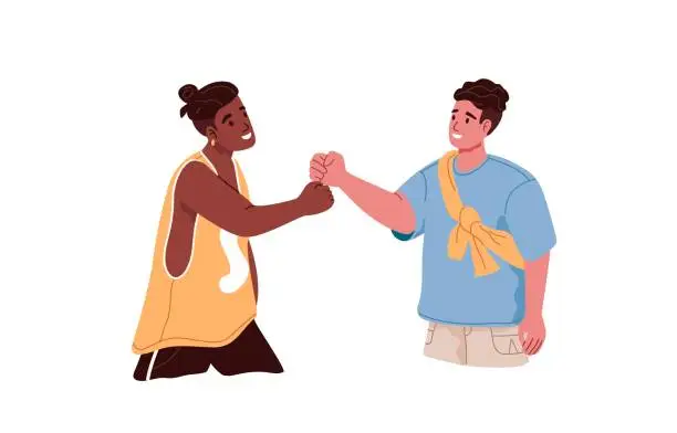 Vector illustration of Happy men friends giving fist bump. Two people greeting each other with informal friendly hi gesture, say hello. Interracial friendship concept. Flat vector illustration isolated on white background