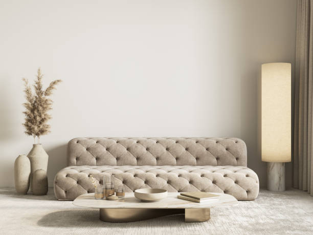 istock Contemporary classic white beige interior with sofa and decor. 3d render illustration mockup. 1349615972