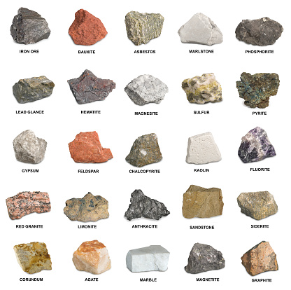 Set of the most common minerals  isolated on white background. Iron ore, sandstone,  phosphorite, magnesite, gypsum, agate, asbestos, marble, corundum, kaolin and other minerals.