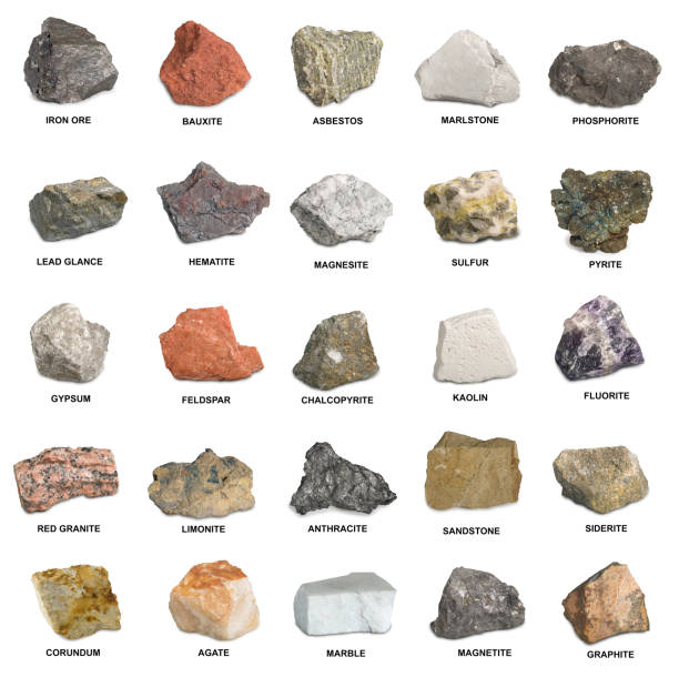 Set of the most common minerals isolated on white background. Set of the most common minerals isolated on white background. Iron ore, sandstone, phosphorite, magnesite, gypsum, agate, asbestos, marble, corundum, kaolin and other minerals. igneous rock stock pictures, royalty-free photos & images
