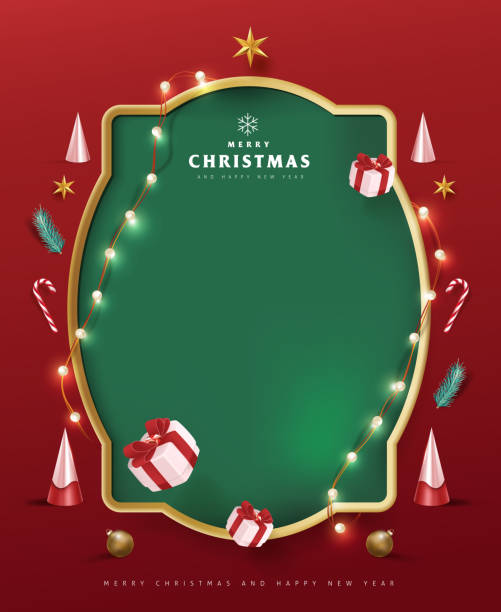 рама для рождественского баннера с пустым пространством и праздничным оформлением на красном фоне - christmas 3d stock illustrations
