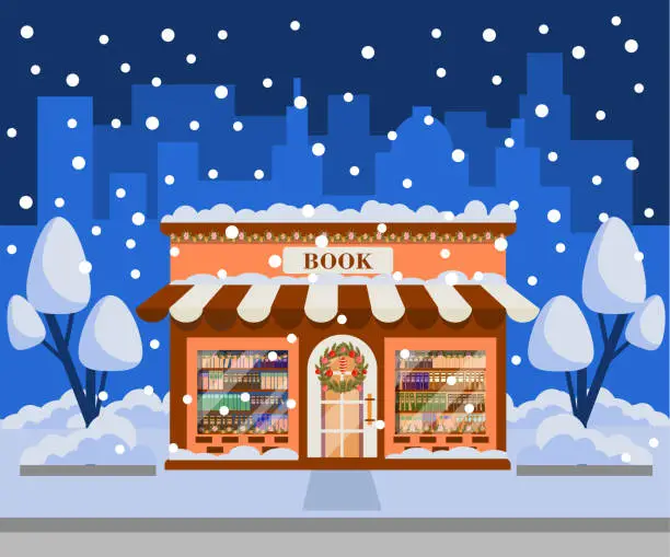 Vector illustration of Christmas decorated and illuminated bookstore.