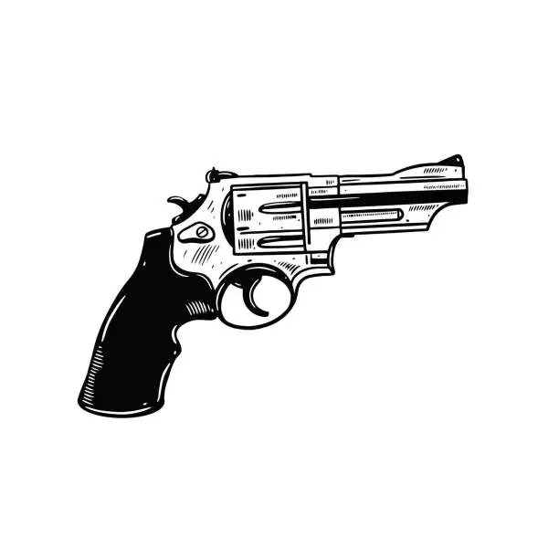 Vector illustration of Revolver hand drawn vector illustration. Clip art engraving style.